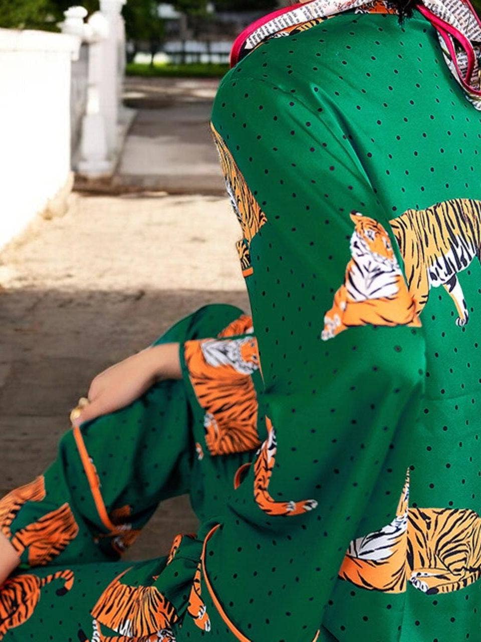Satin Tiger Print Pajama Set: Green / S