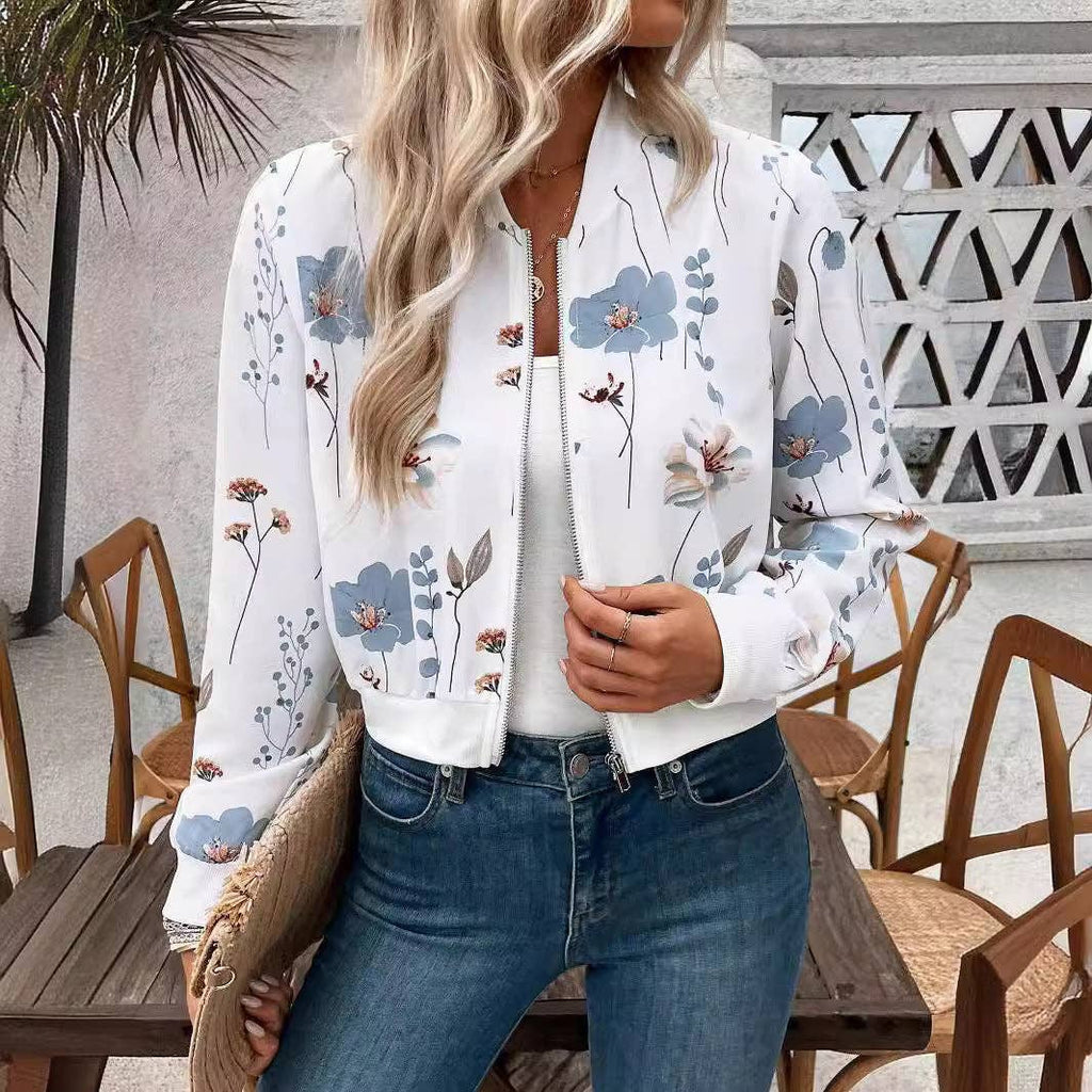 Floral Zip Up Bomber Jacket with Ribbed Trim