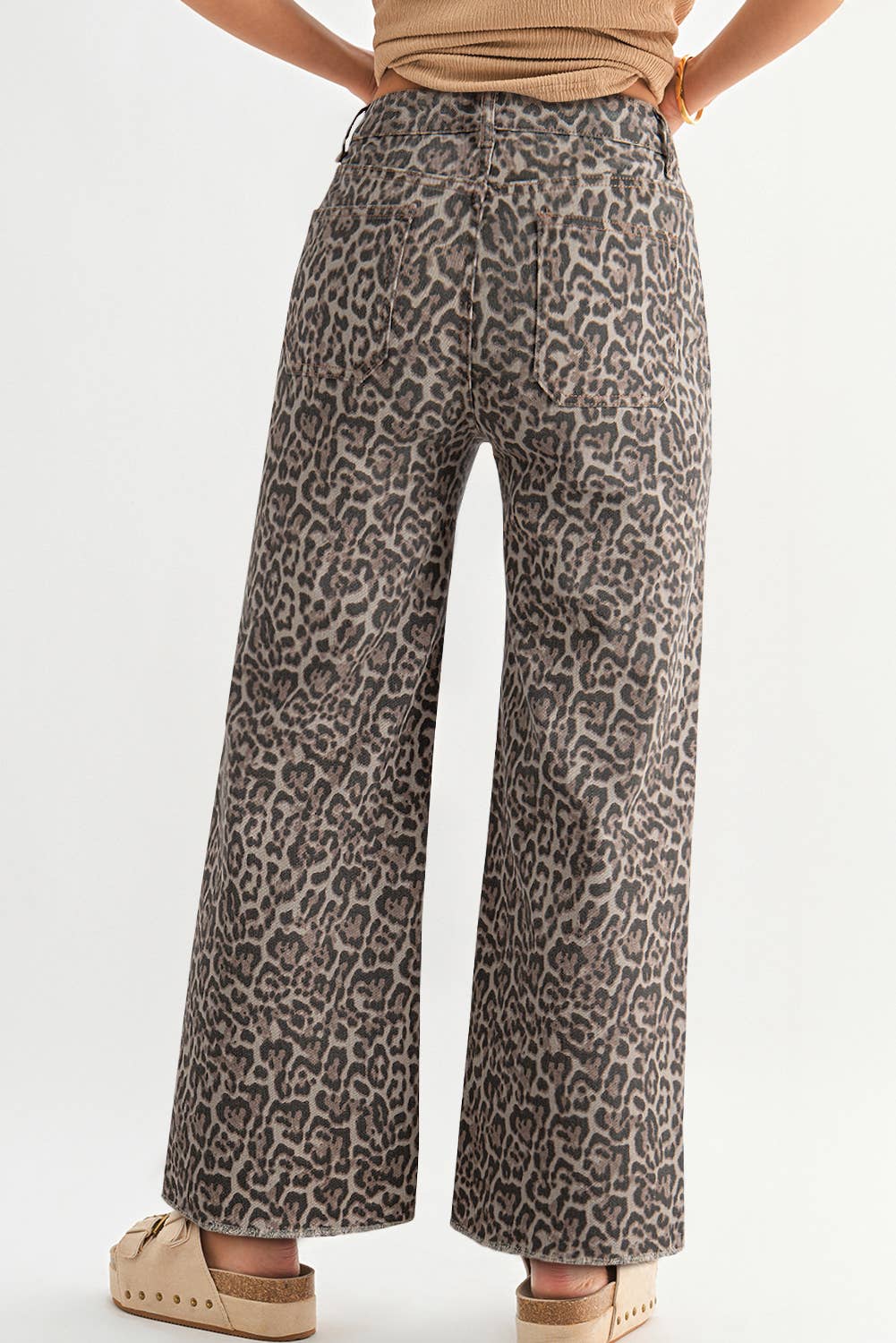 Leopard Frayed Edge Wide Leg High Waist Jeans | 4-16: As shown / Missy / 14