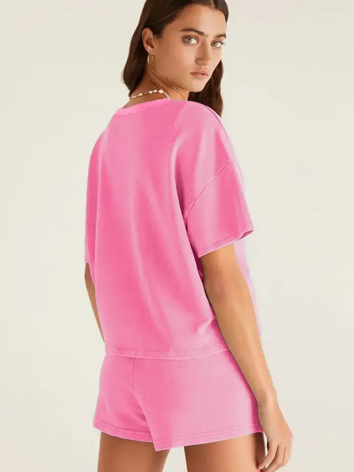 Women’s V-Neck Tee and Drawstring Shorts Lounge Set: Bonbon / 70%Polyester+25%Cotton+5%Elastane / XL