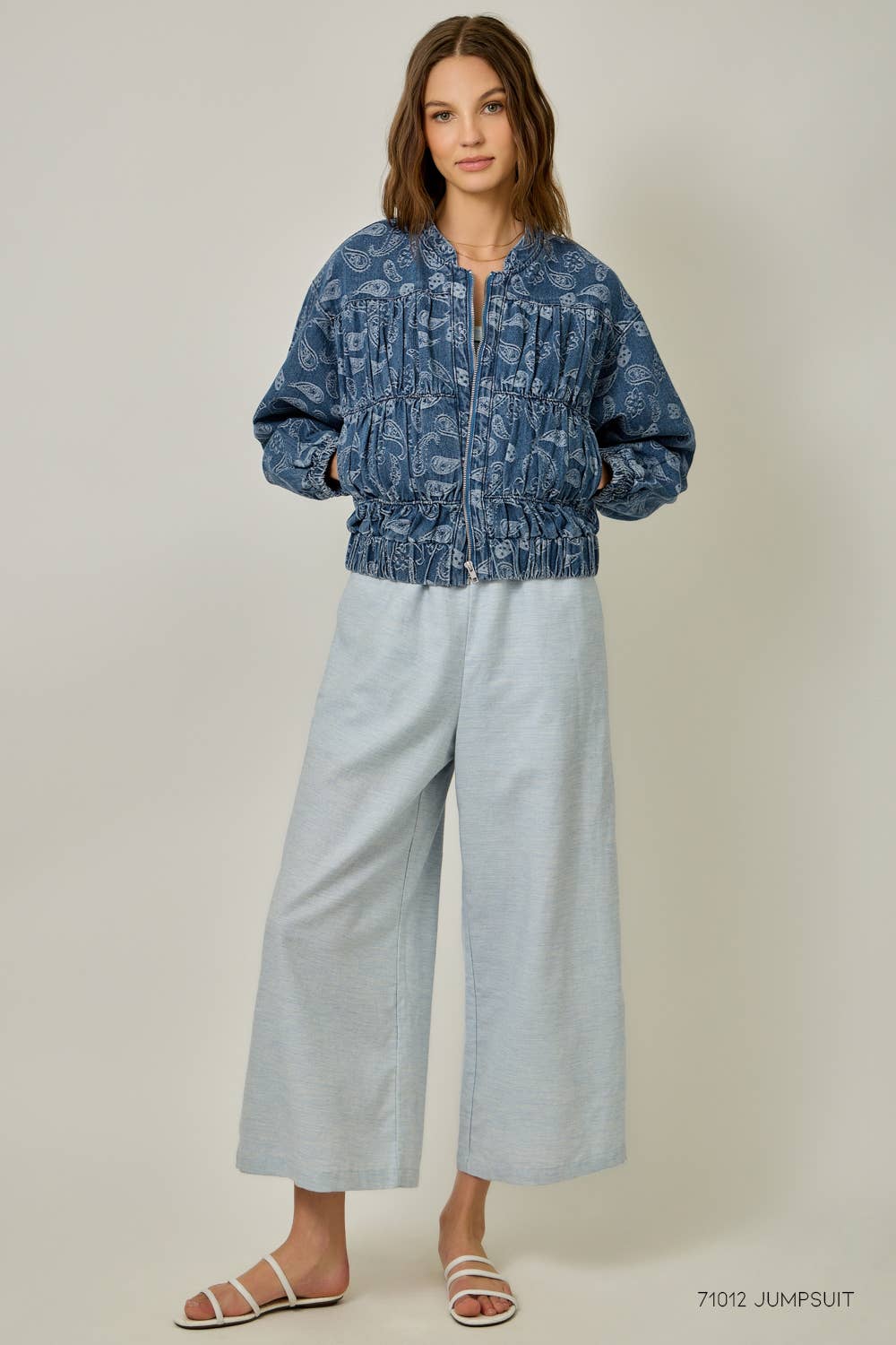 61362 Ruched Denim Bomber Jacket: Light Denim Blue / Small