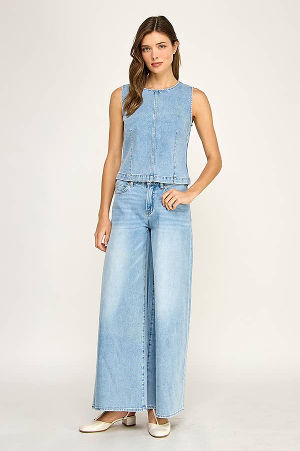 Curved Seam Denim Blue Top