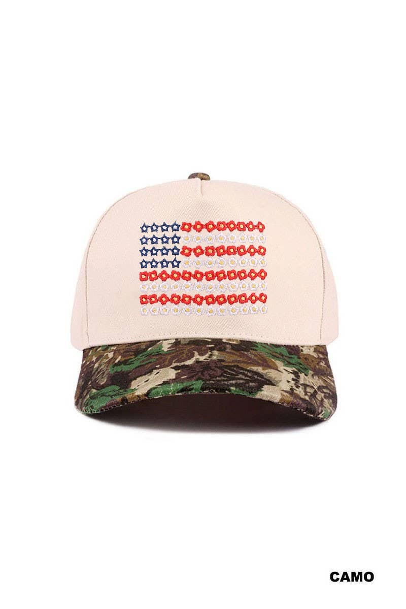 Star Floral American Flag Two Tone Cotton Hat: FLORAL / 1(ONE SIZE)