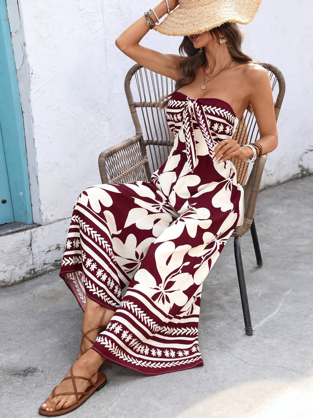 Floral Strapless Wide Leg Jumpsuit Boho Summer: Black / 91%Viscose+9%Polyamide / L