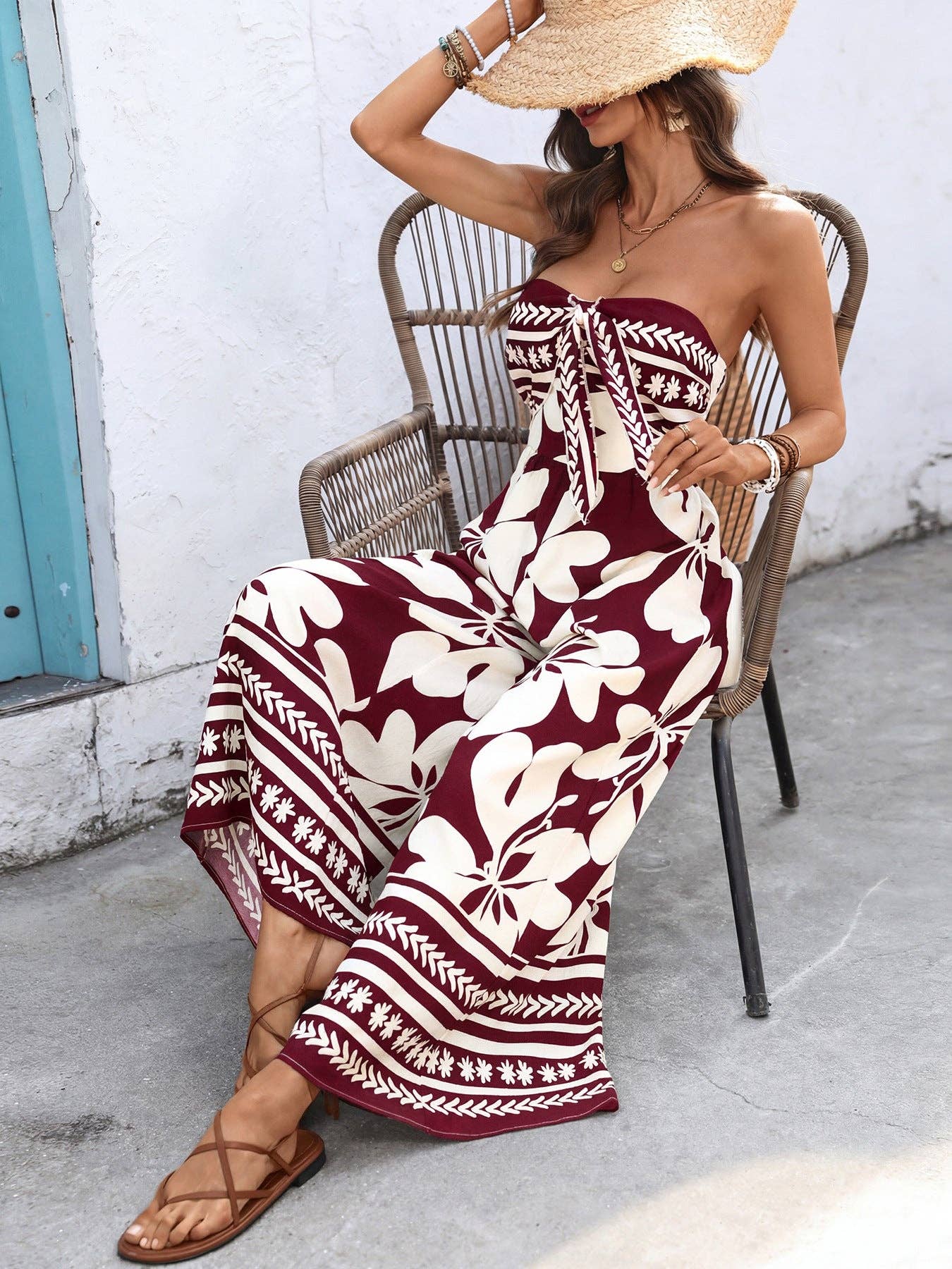 Floral Strapless Wide Leg Jumpsuit Boho Summer: Black / 91%Viscose+9%Polyamide / XL