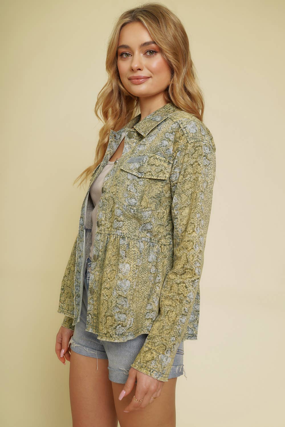 55936 Animal Print Peplum Jacket: LT Olive / Large