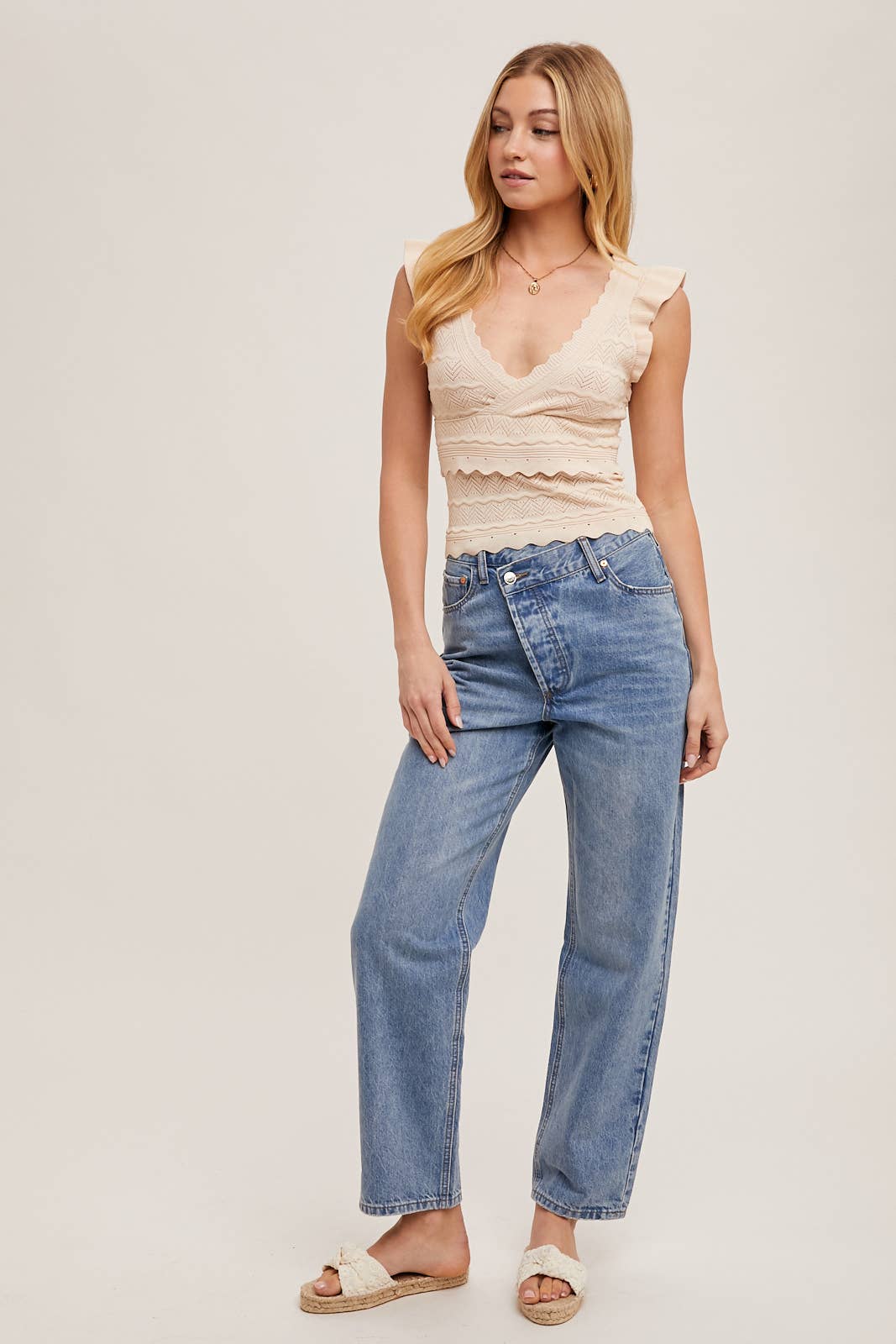 DENIM ASYMMETRICAL WAIST STRAIGHT LEG JEANS: MED.WASH / S