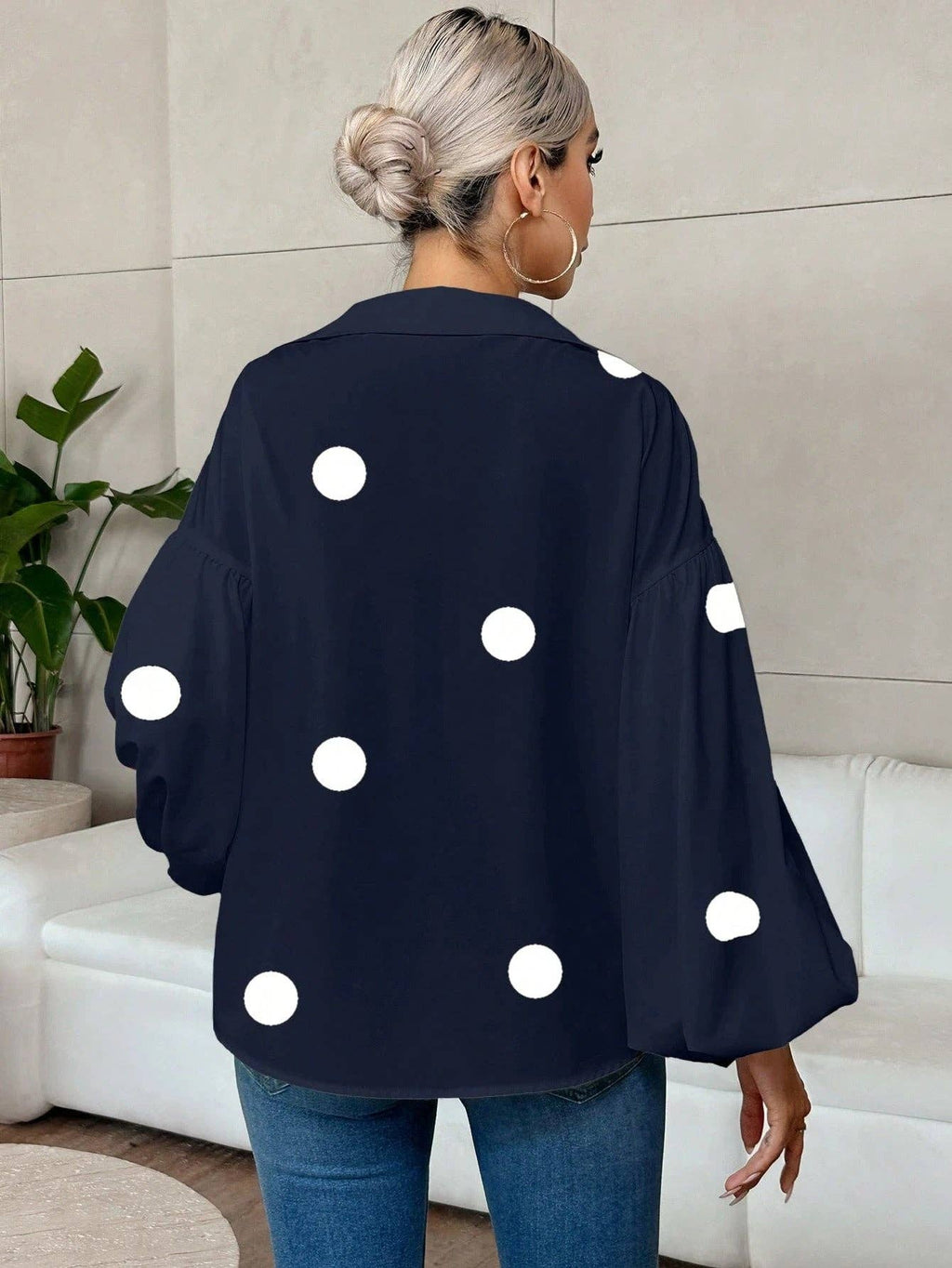 Women’s Lantern Sleeve V Neck Blouse Elegant Casual Top: Navy Blue Polka Dots / 100% Polyester / S