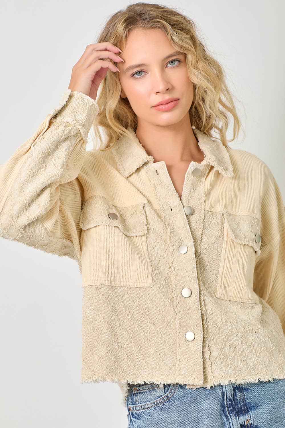 60634 Mixed Media Balloon Sleeve Jacket : Off White Mix / Small