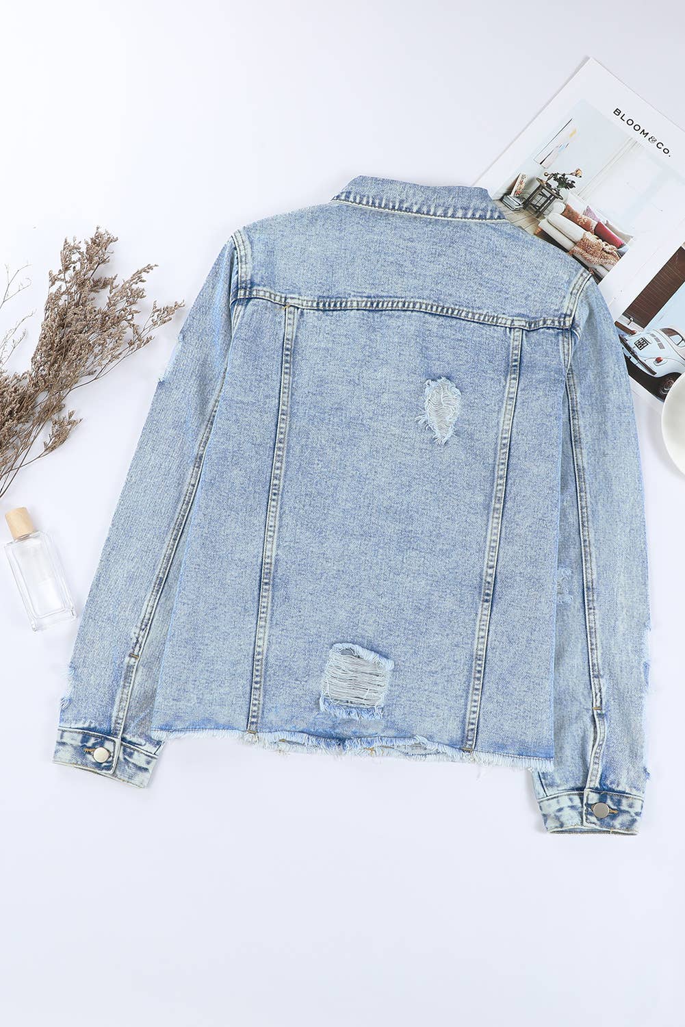 Lapel Distressed Raw Hem Buttons Denim Jacket (S-2XL): Blue / Missy / S