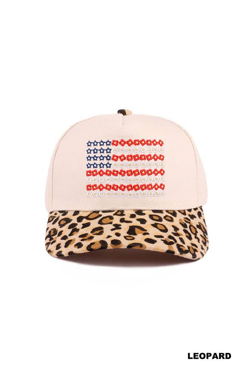 Star Floral American Flag Two Tone Cotton Hat: LEOPARD / 1(ONE SIZE)