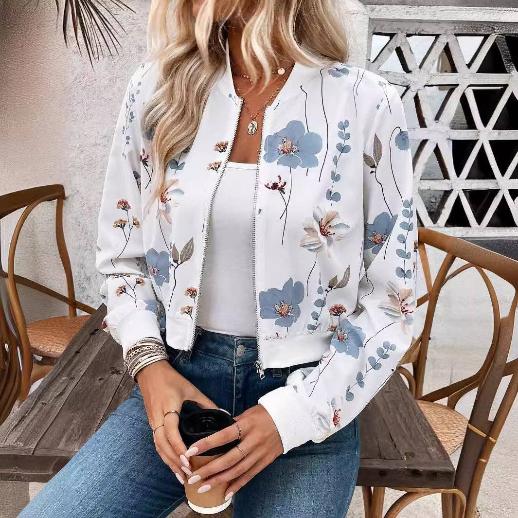 Floral Zip Up Bomber Jacket with Ribbed Trim: White / 100%Polyester / XL