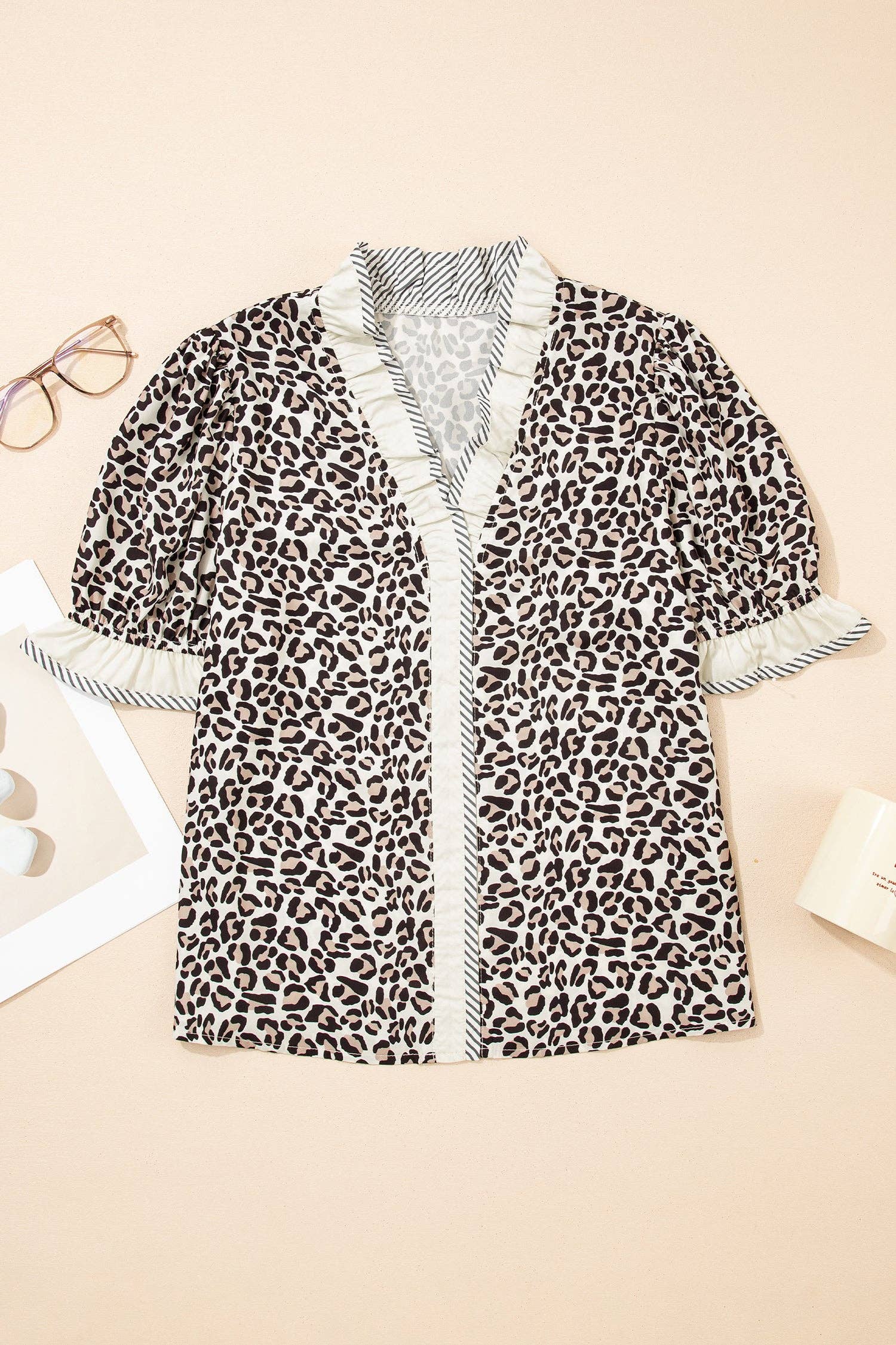 Leopard Print V Neck Blouse with Striped Ruffle Trim: Black / 100%Polyester / S