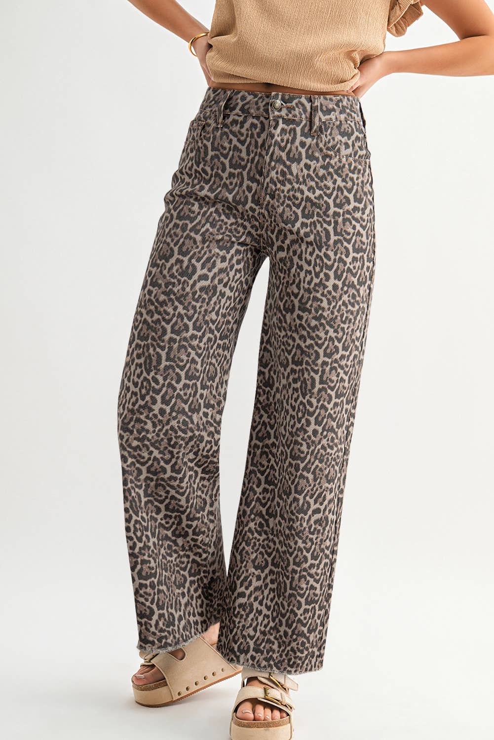Leopard Frayed Edge Wide Leg High Waist Jeans | 4-16: As shown / Missy / 10