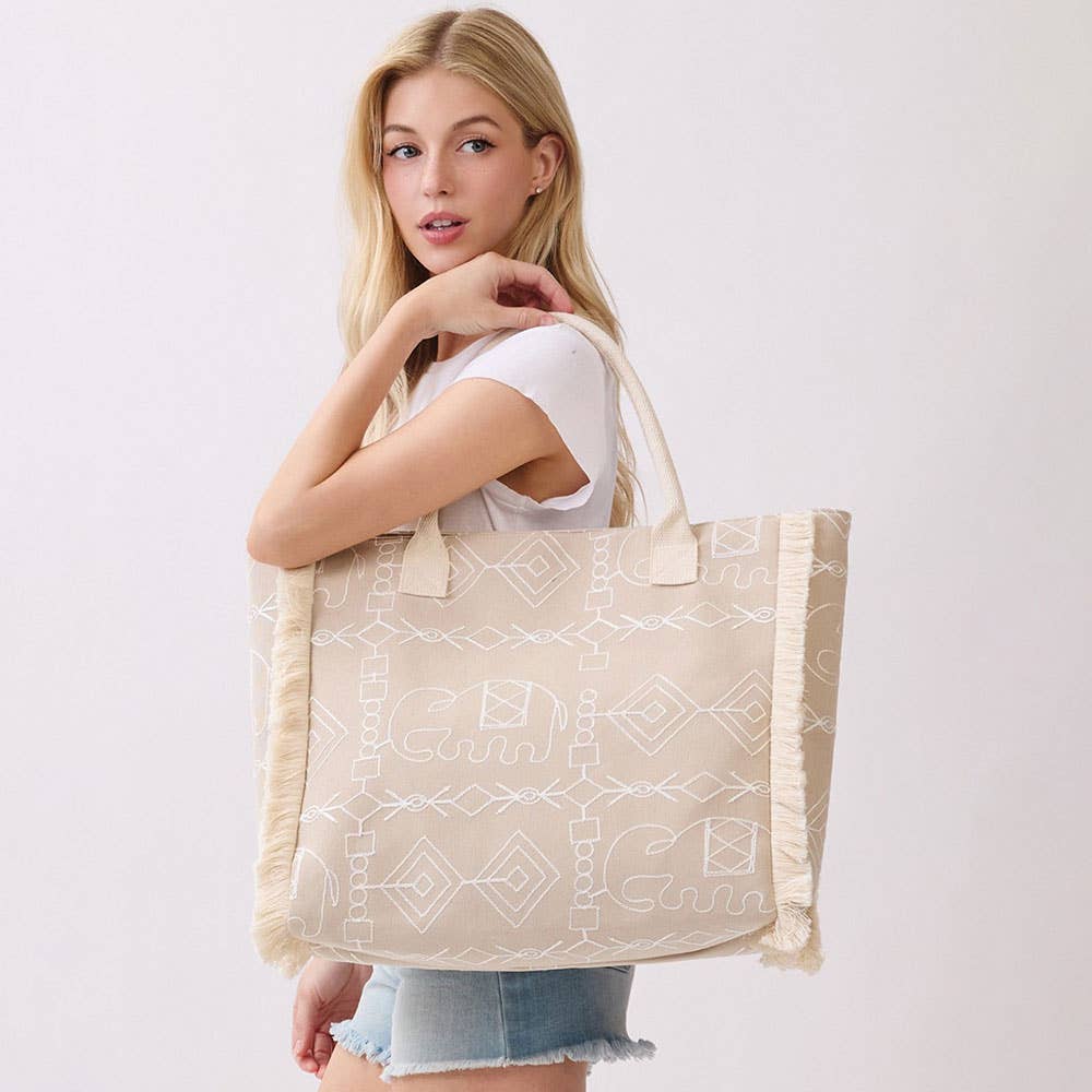 Boho Geometric Elephant Print Fringe Tote Bag: Pink