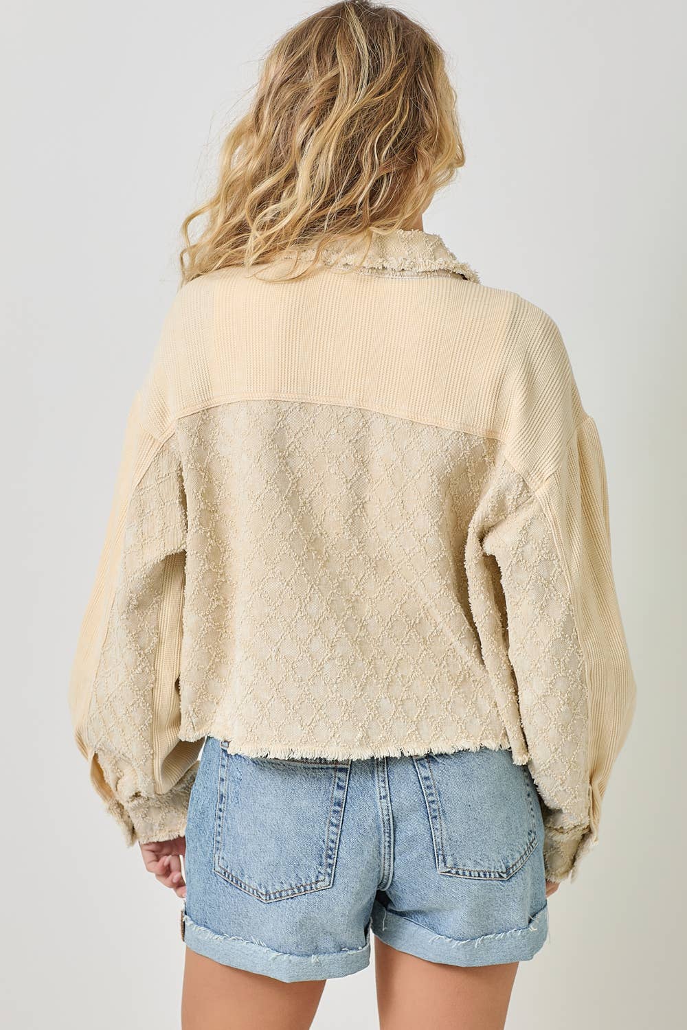 60634 Mixed Media Balloon Sleeve Jacket : Off White Mix / Small