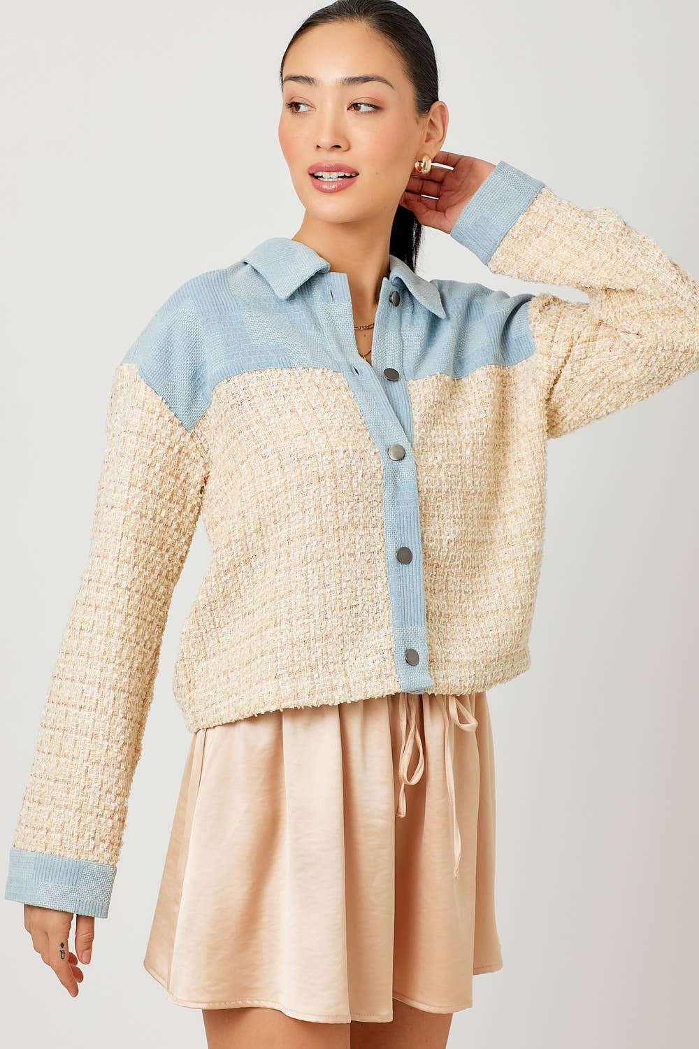 60433 Cropped Denim Mixed Jacket: Ivory Mix / Small