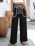 High Waist Wide Leg Drawstring Casual Pants: Black / 97%Polyester+3% Elastane / S