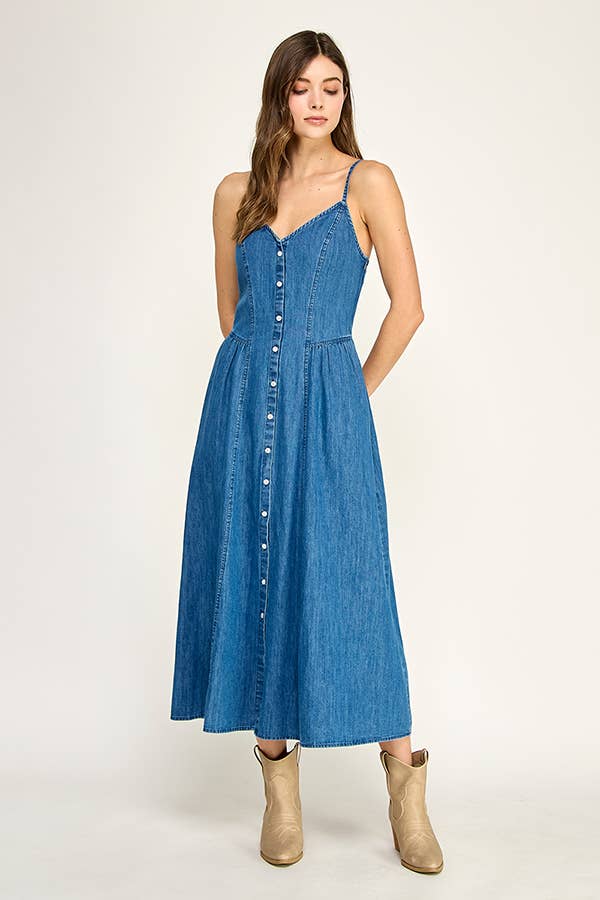 Denim Button Front Midi Dress