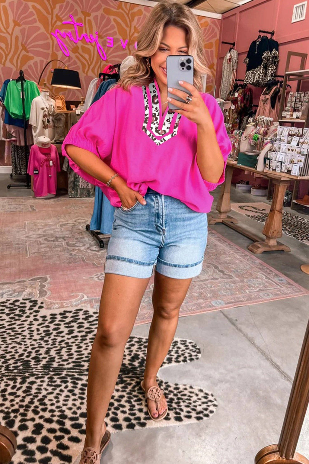 Rose Leopard Trim V Neck Dolman Sleeve Blouse Loose Fit Top: Rose Red / 100%Polyester / S