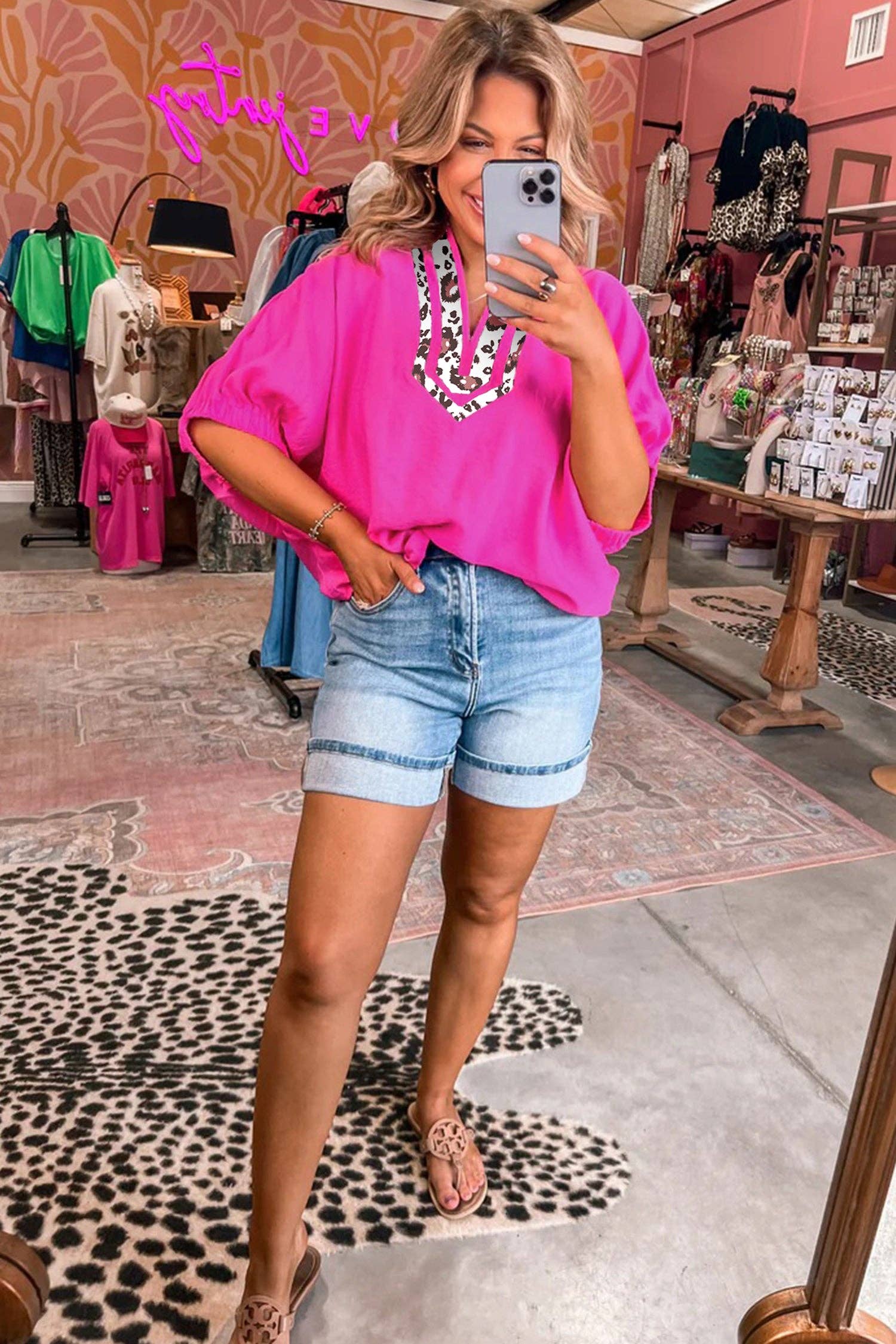 Rose Leopard Trim V Neck Dolman Sleeve Blouse Loose Fit Top: Rose Red / 100%Polyester / M