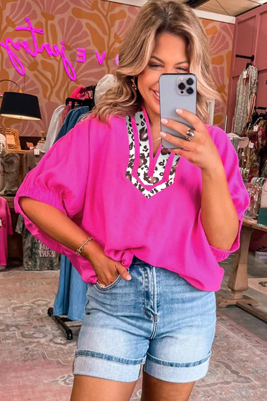 Rose Leopard Trim V Neck Dolman Sleeve Blouse Loose Fit Top: Rose Red / 100%Polyester / S