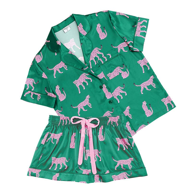 Green Cheetah Shorts PJ Set with Velvet Tie