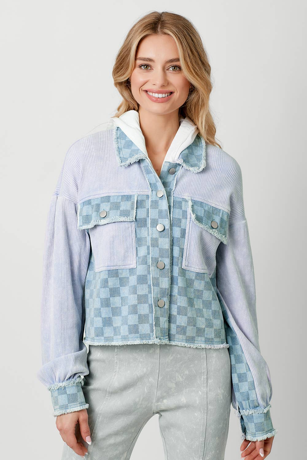 60634 Mixed Media Balloon Sleeve Jacket : Off White Mix / Small