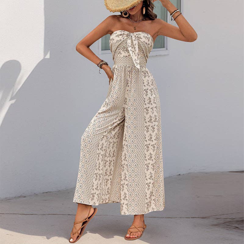 Boho Strapless Smocked Jumpsuit with Wide-Leg Flare Pants: Apricot / 100%Viscose / L