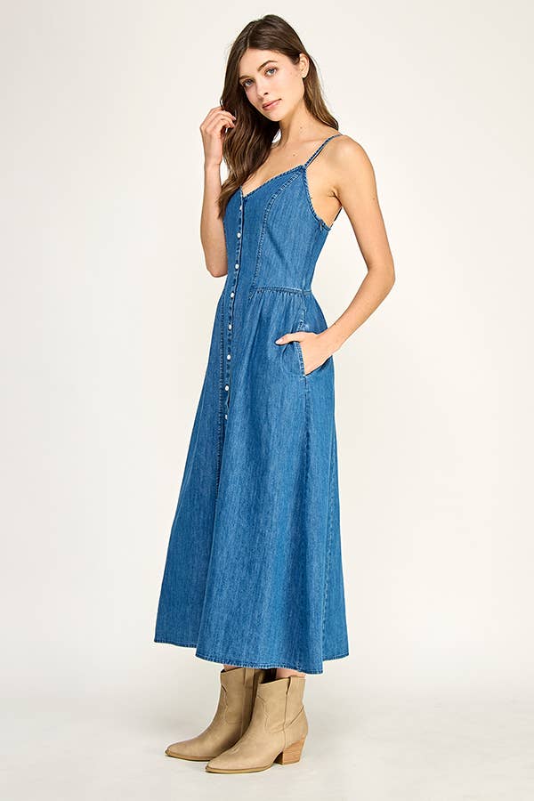 DENIM BUTTON FRONT MIDI DRESS: DENIM BLUE / L