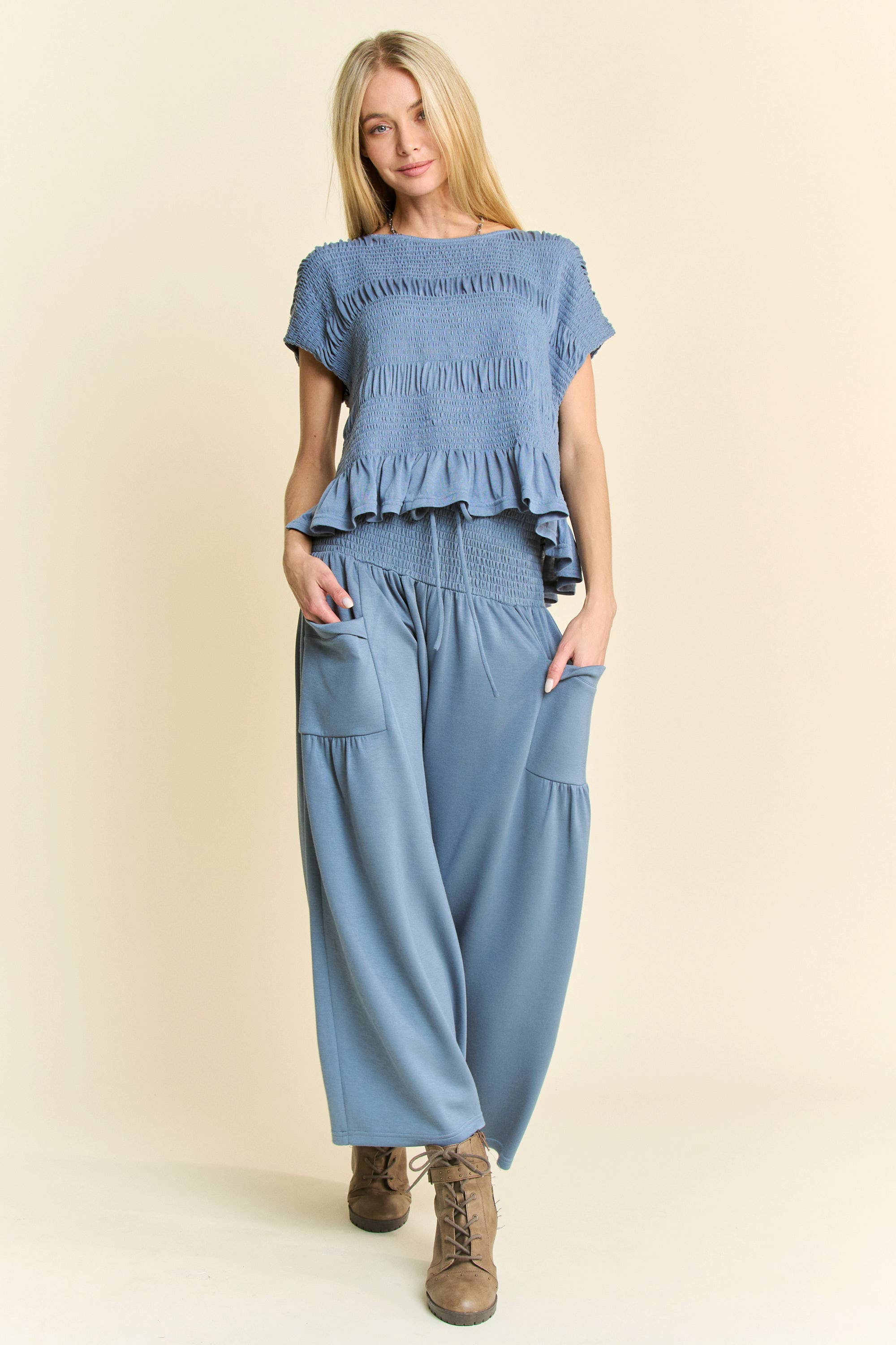 RUFFLE CAP SLEEVE TOP AND WAISTBAND PANTS SET: INDIGO BLUE / L