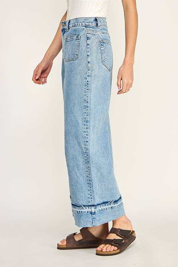 WIDE LEG CUFFED DENIM JEANS: DENIM BLUE / L