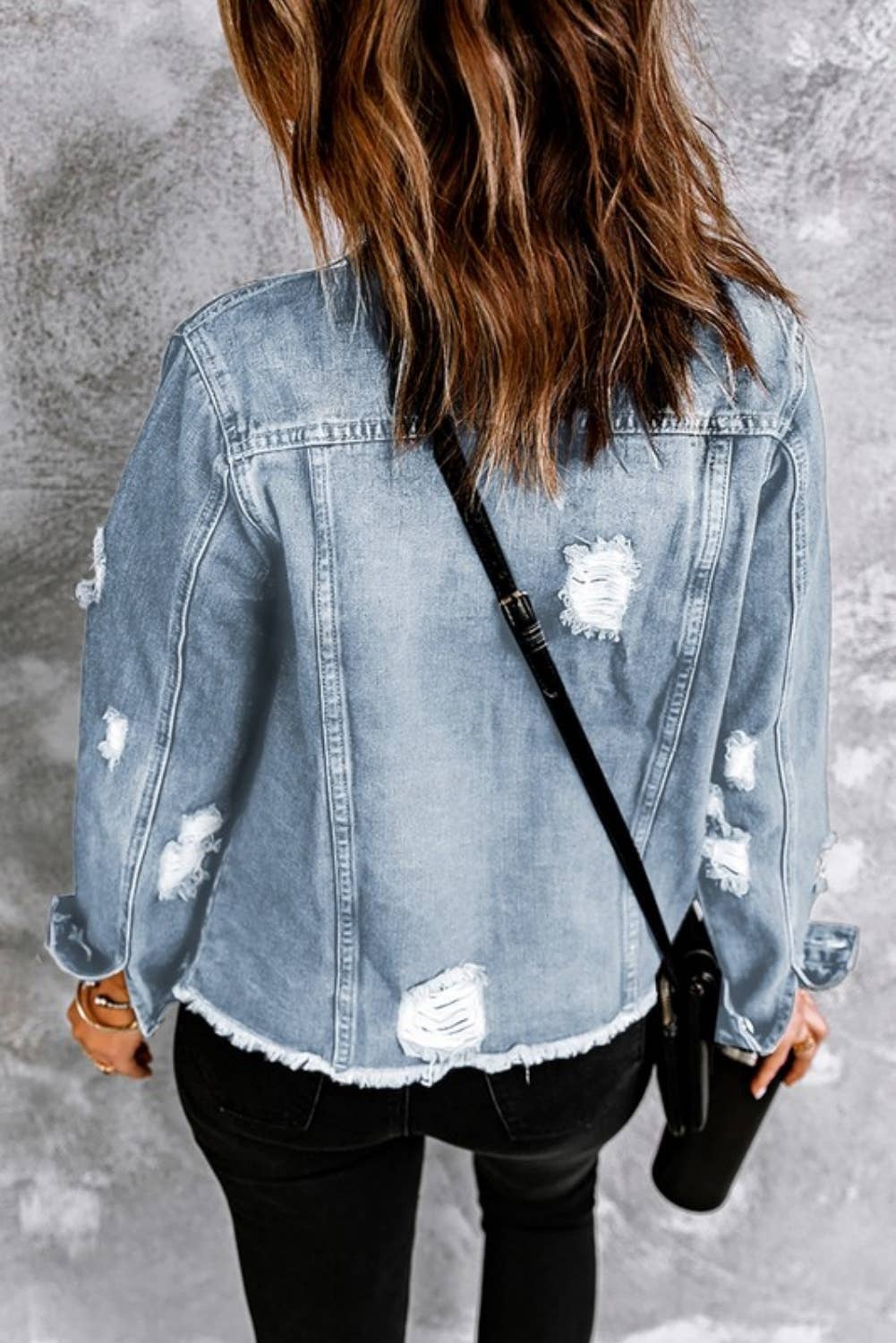 Lapel Distressed Raw Hem Buttons Denim Jacket (S-2XL): Blue / Missy / XL