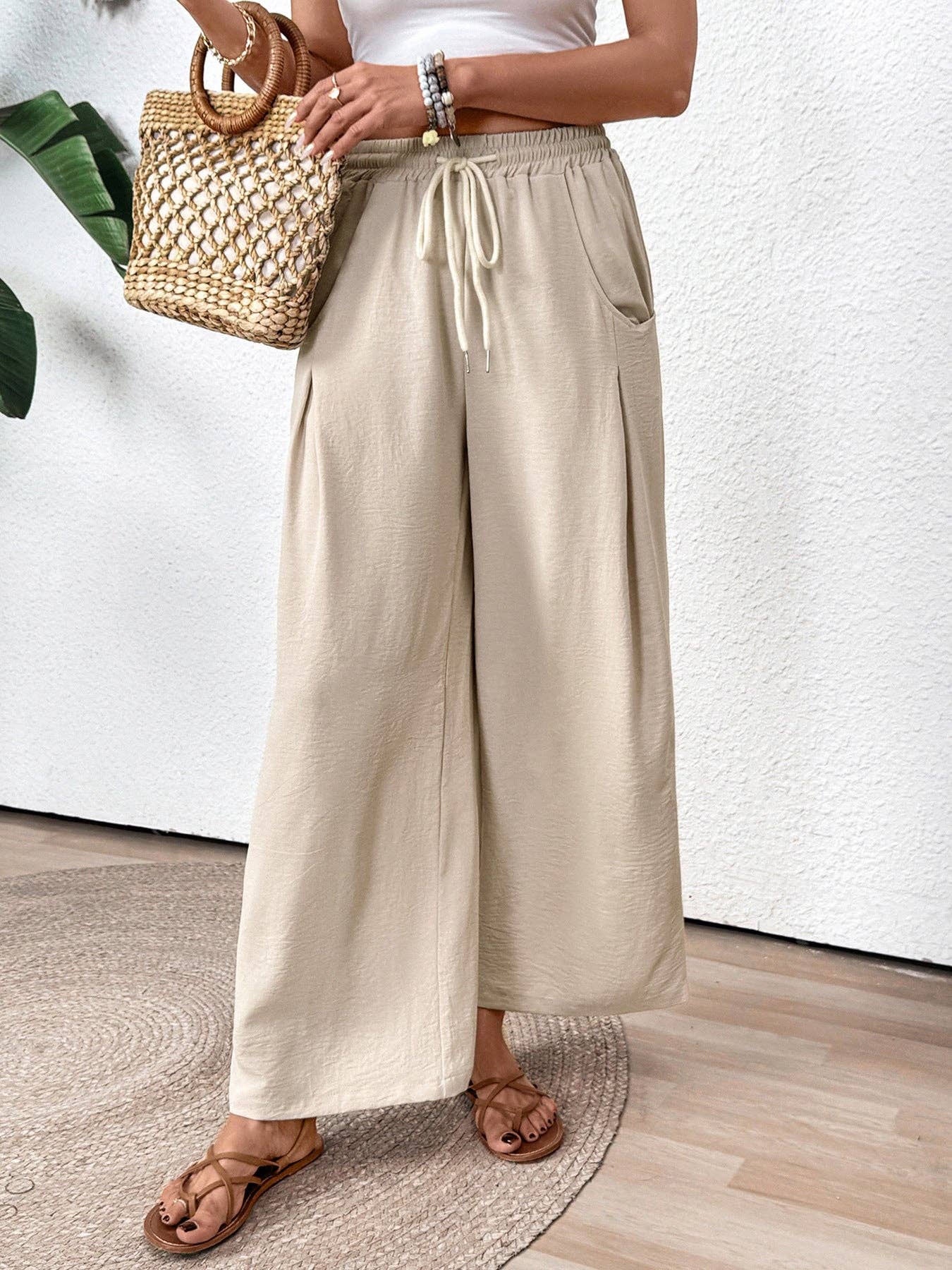 Women’s Drawstring Wide Leg Pants Casual Vacation: Apricot / 100%Polyester / XL