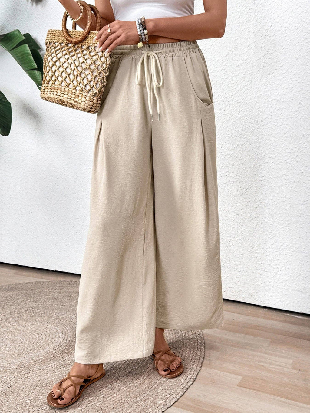 Women’s Drawstring Wide Leg Pants Casual Vacation: Apricot / 100%Polyester / S