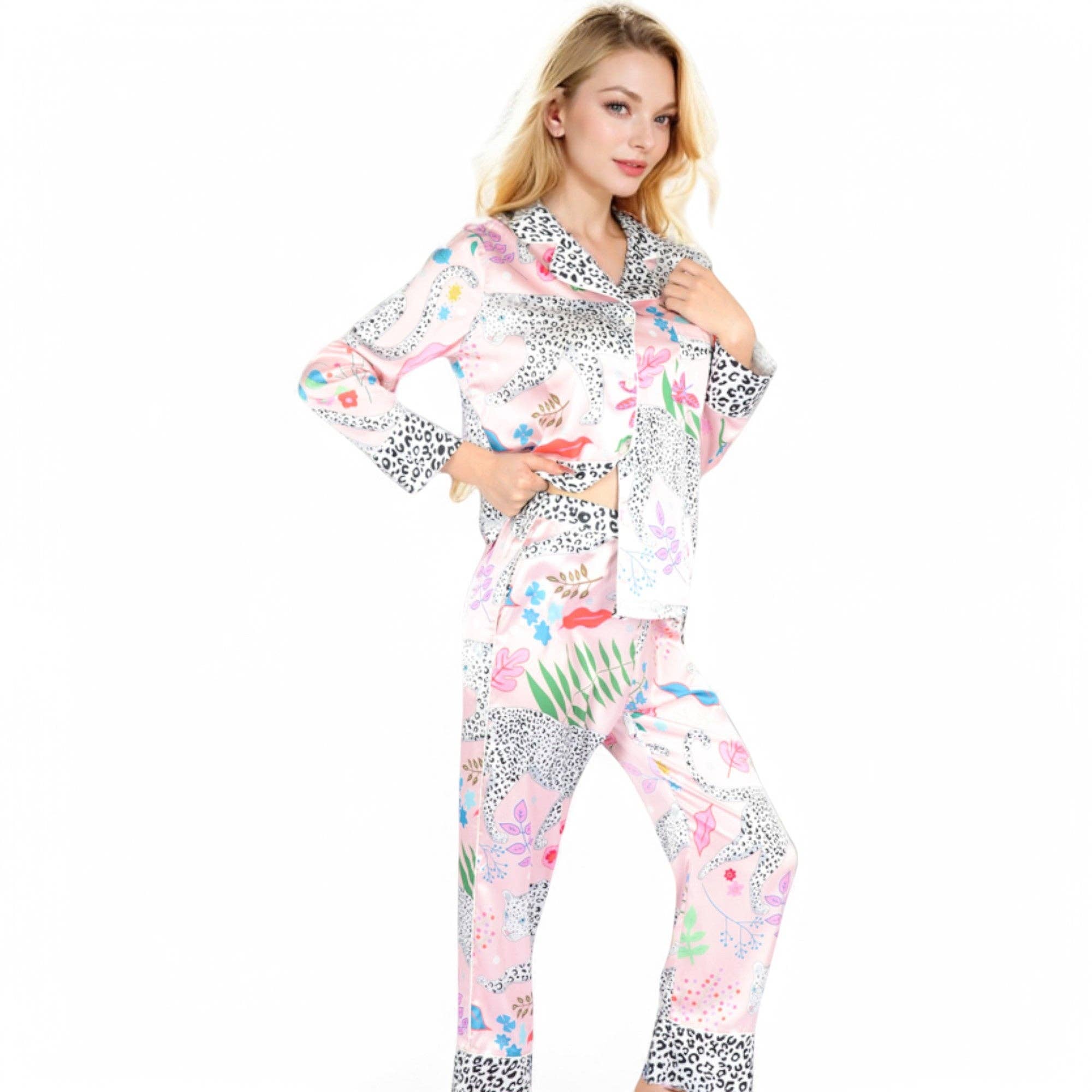 Satin Pink Leopard Print Pajama Set with Long Sleeve: Pink / Large 12-14