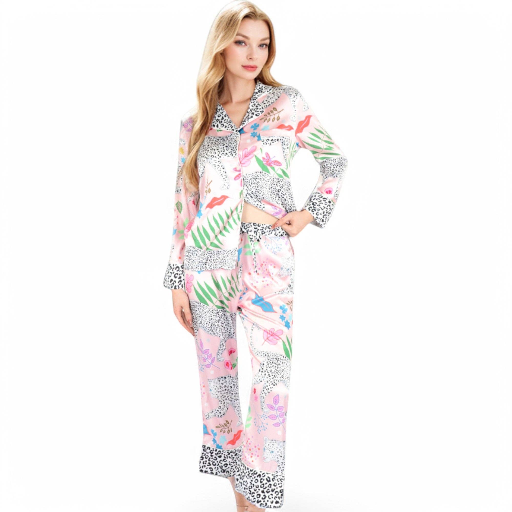 Satin Pink Leopard Print Pajama Set with Long Sleeve: Pink / Small 4-6