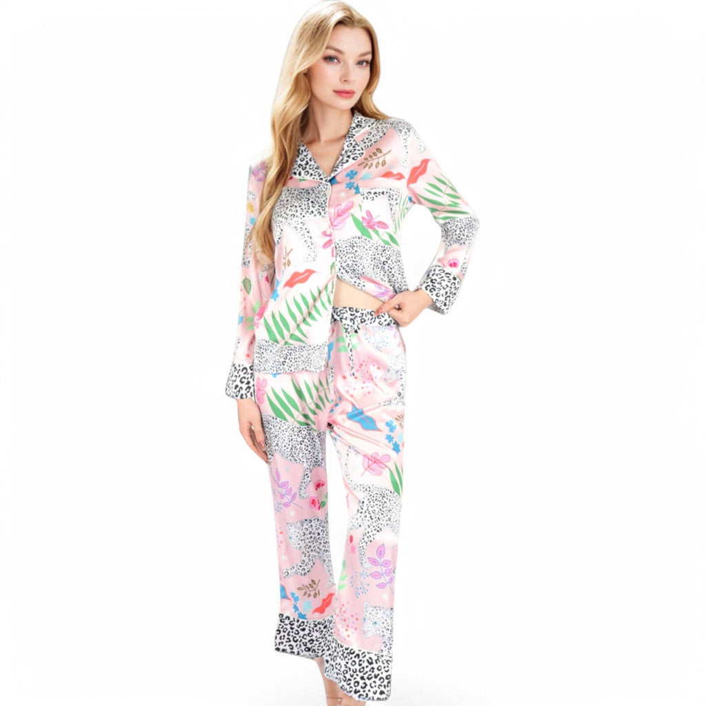 Satin Pink Leopard Print Pajama Set with Long Sleeve