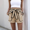 Colorblocked High Waist Tie Casual Straight Shorts: Apricot / 100%POLYESTER / L