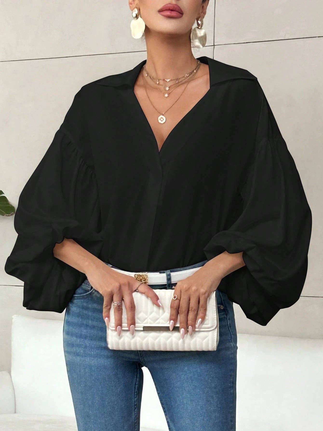 Women’s Lantern Sleeve V Neck Blouse Elegant Casual Top: White / 100% Polyester / XL