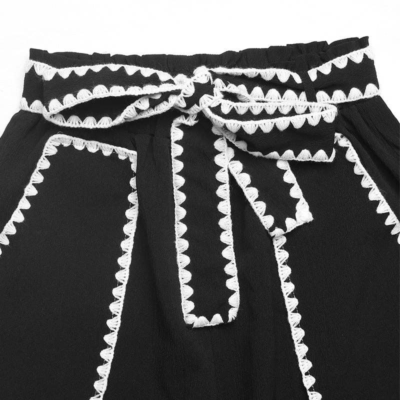 High Waist Wide Leg Drawstring Casual Pants: Black / 97%Polyester+3% Elastane / L