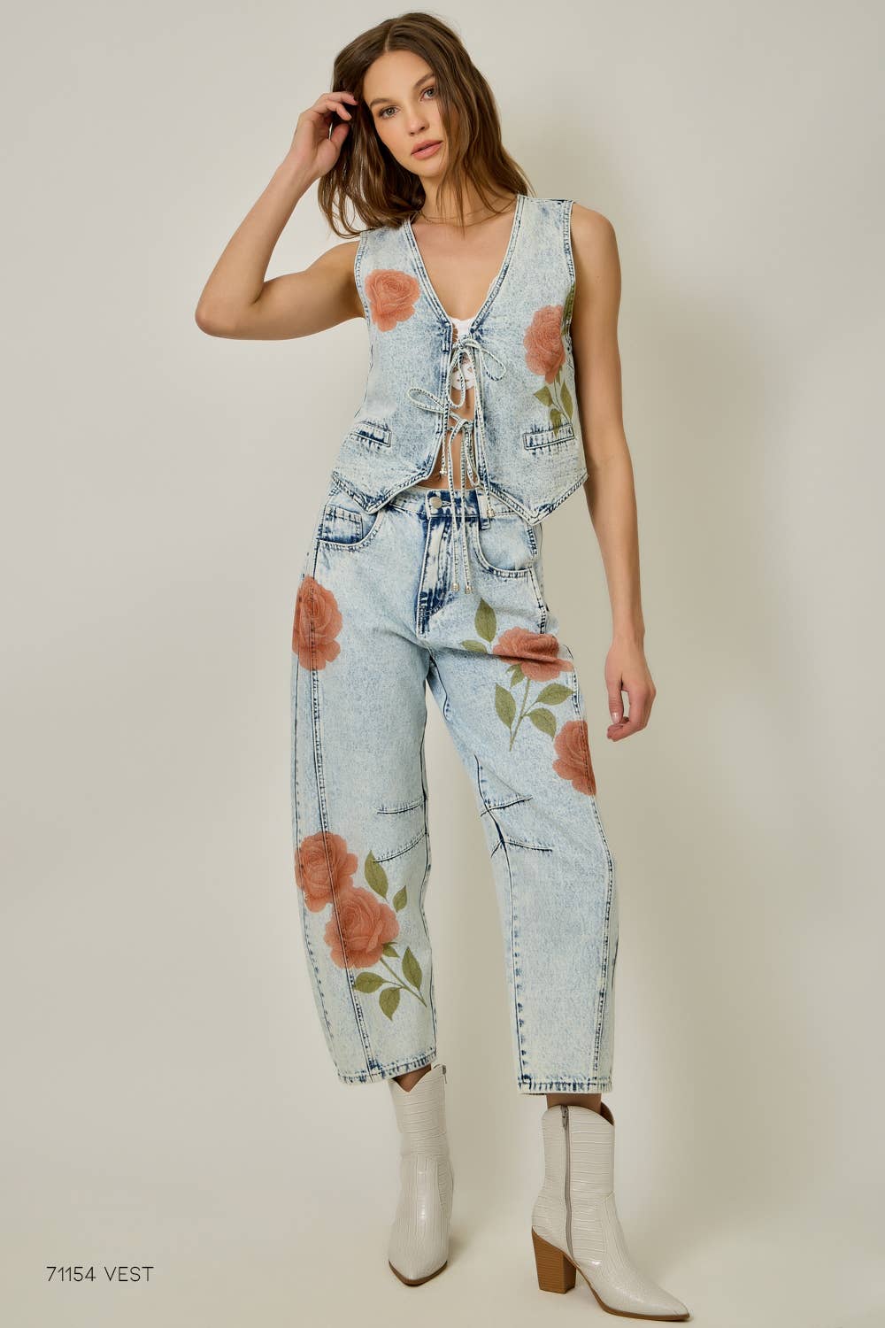 Floral Printed Denim Barrel Jeans