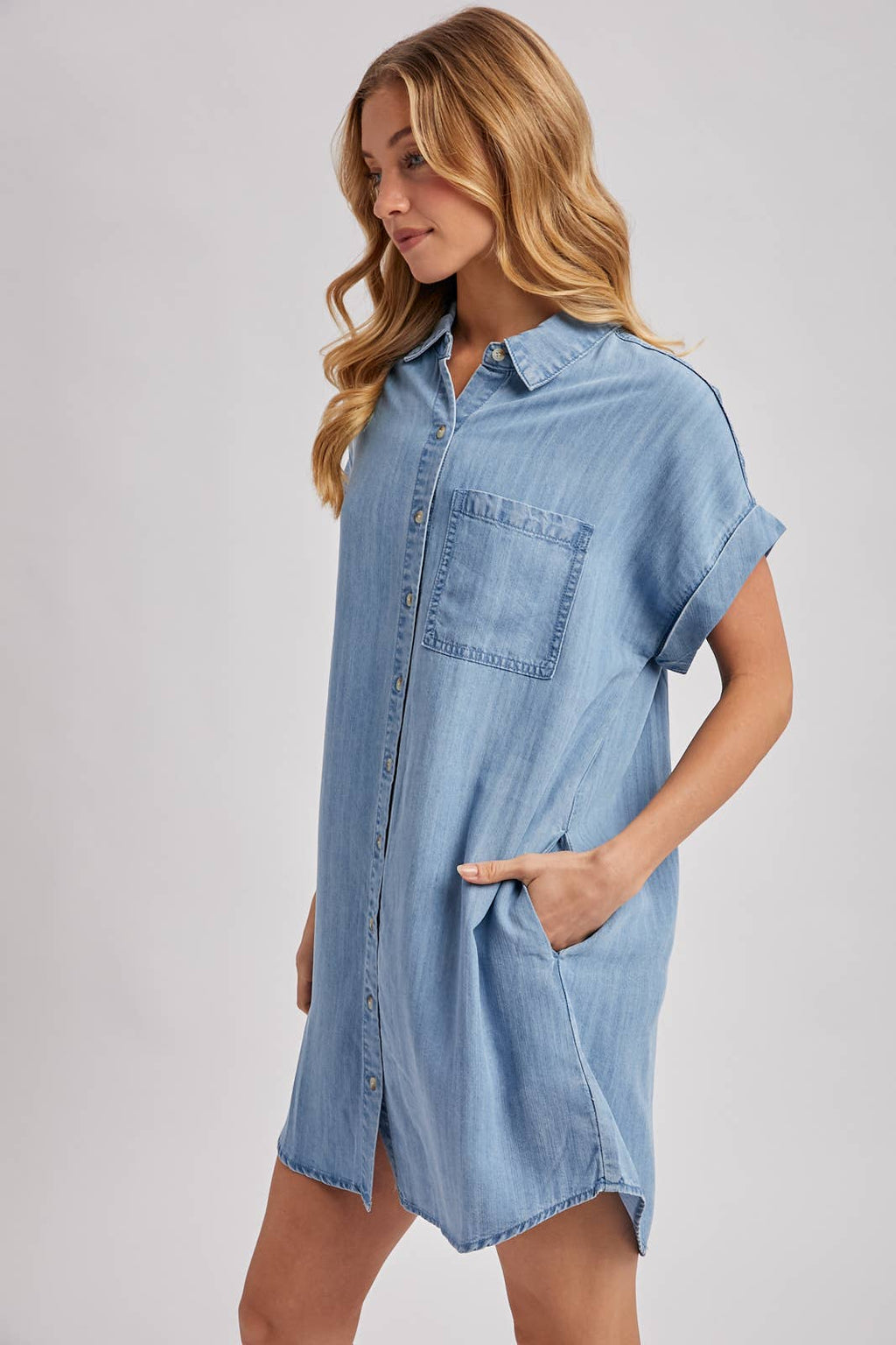 DENIM BUTTON DOWN SHIRT DRESS: MED.WASH / S