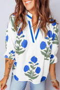 Floral V Neck 3/4 Sleeve Blouse | S-XL: Blue / Missy / XL