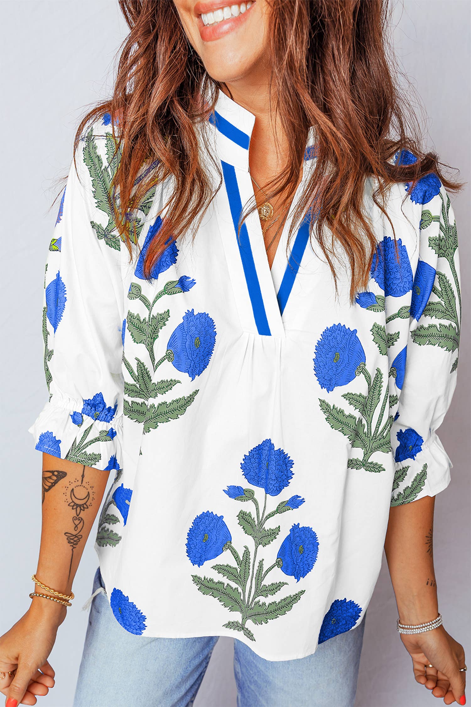 Floral V Neck 3/4 Sleeve Blouse | S-XL: Blue / Missy / S