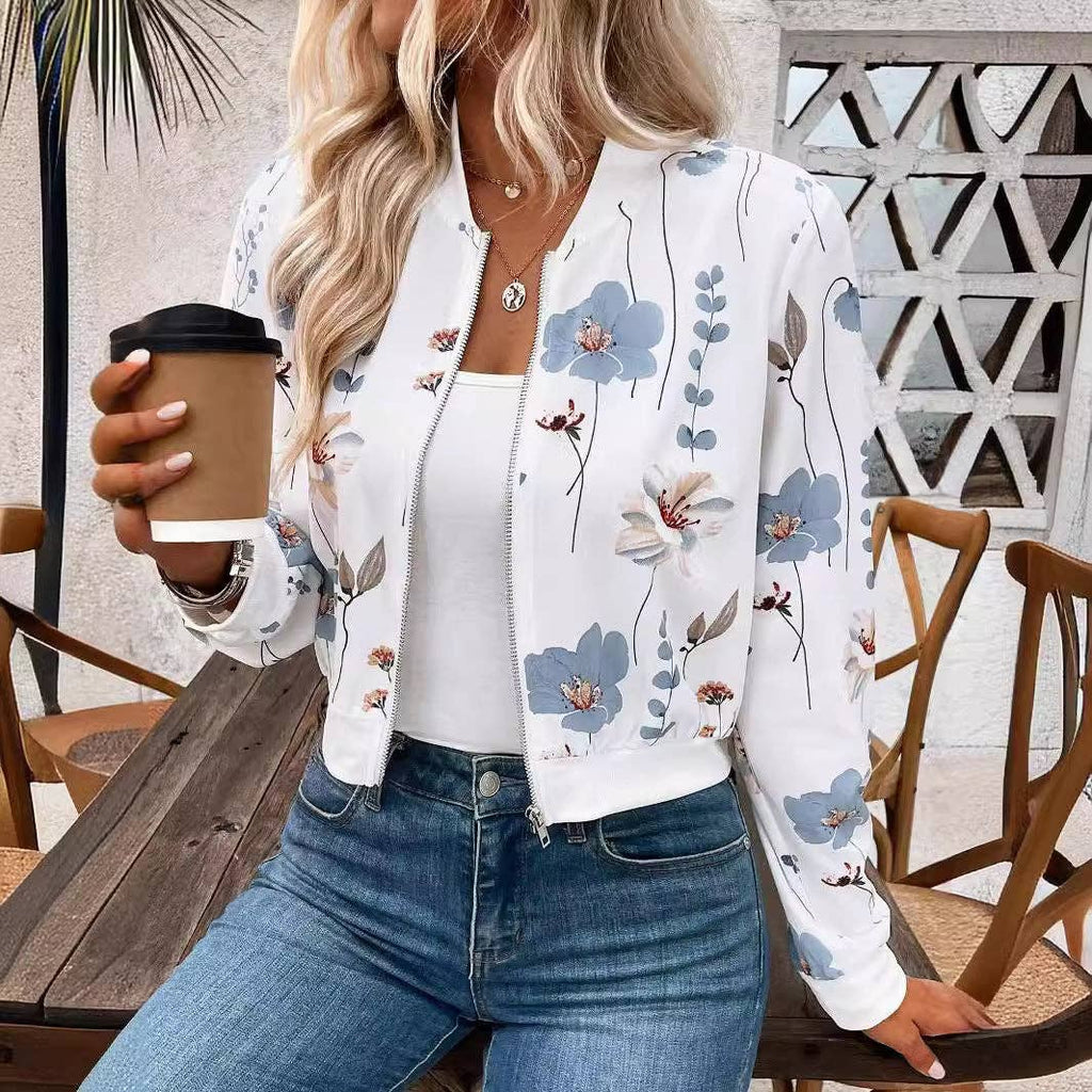 Floral Zip Up Bomber Jacket with Ribbed Trim
