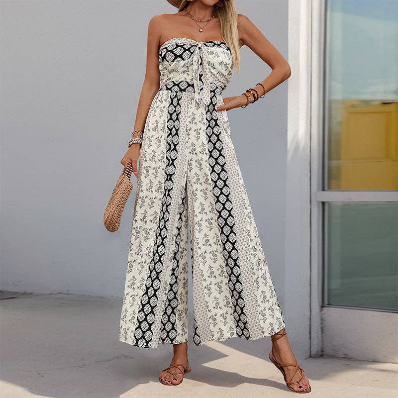 Boho Strapless Smocked Jumpsuit with Wide-Leg Flare Pants: Apricot / 100%Viscose / L