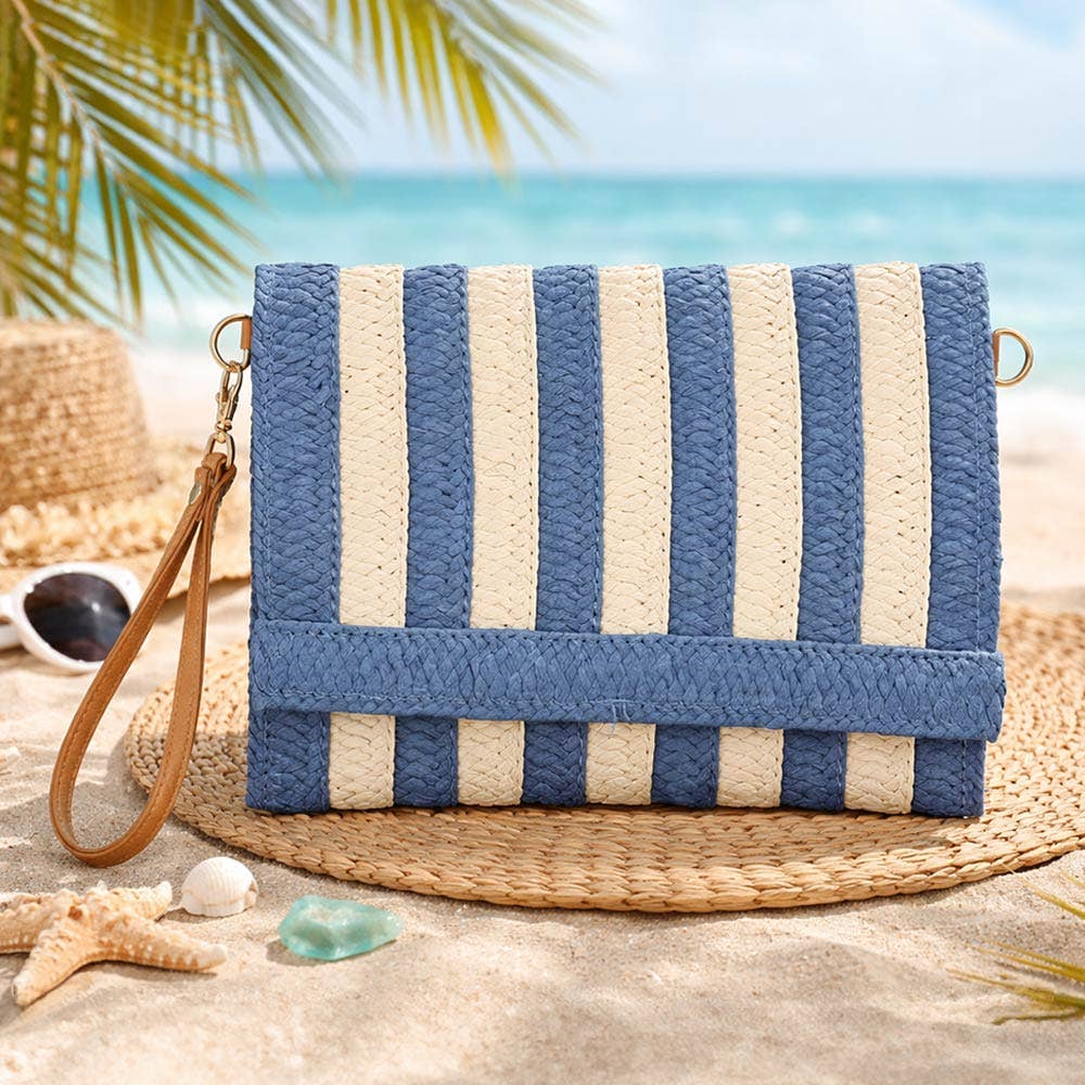 Striped Woven Foldover Wristlet Clutch Crossbody Bag: Blue