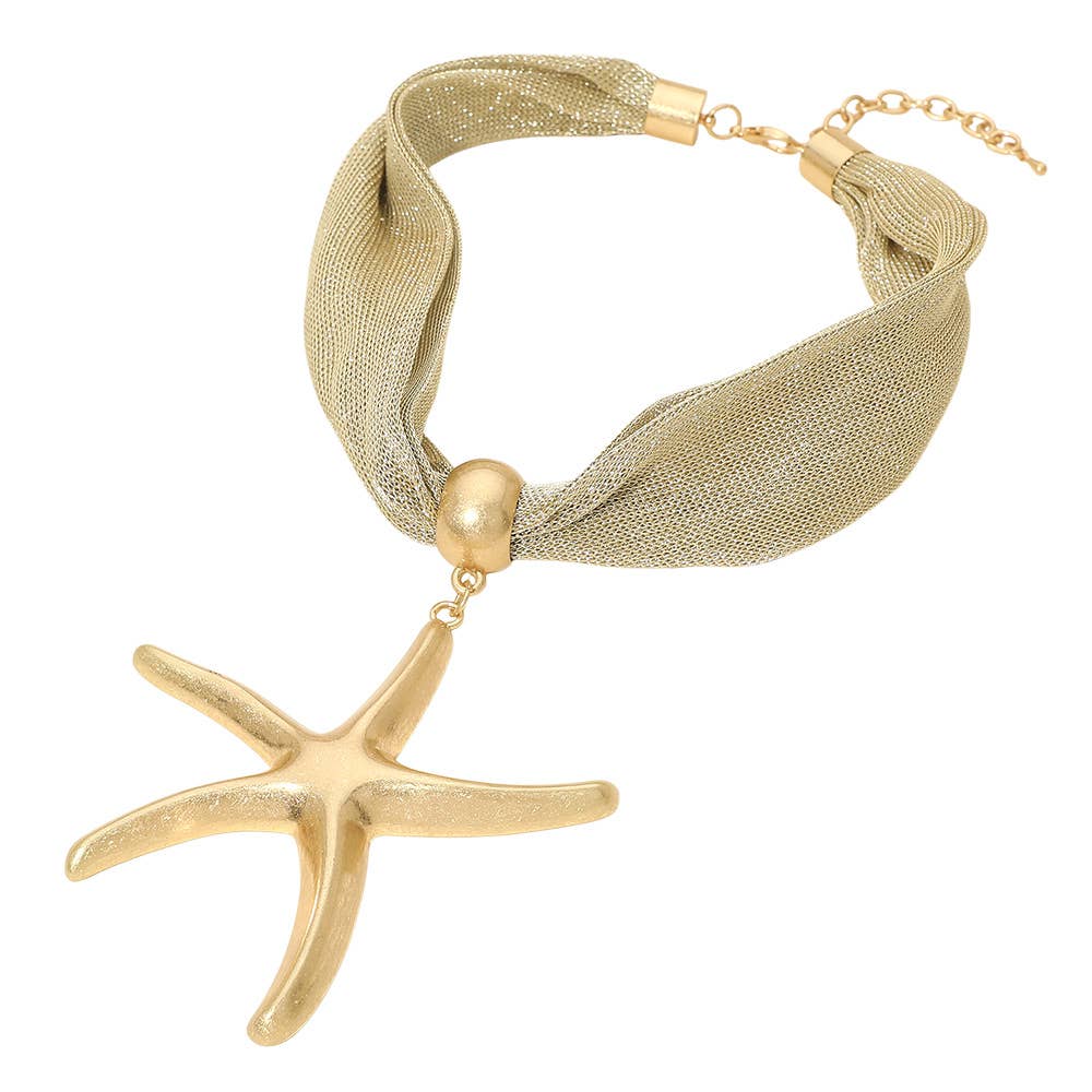 Bold Brushed Metal Starfish Pendant Mesh Statement Necklace