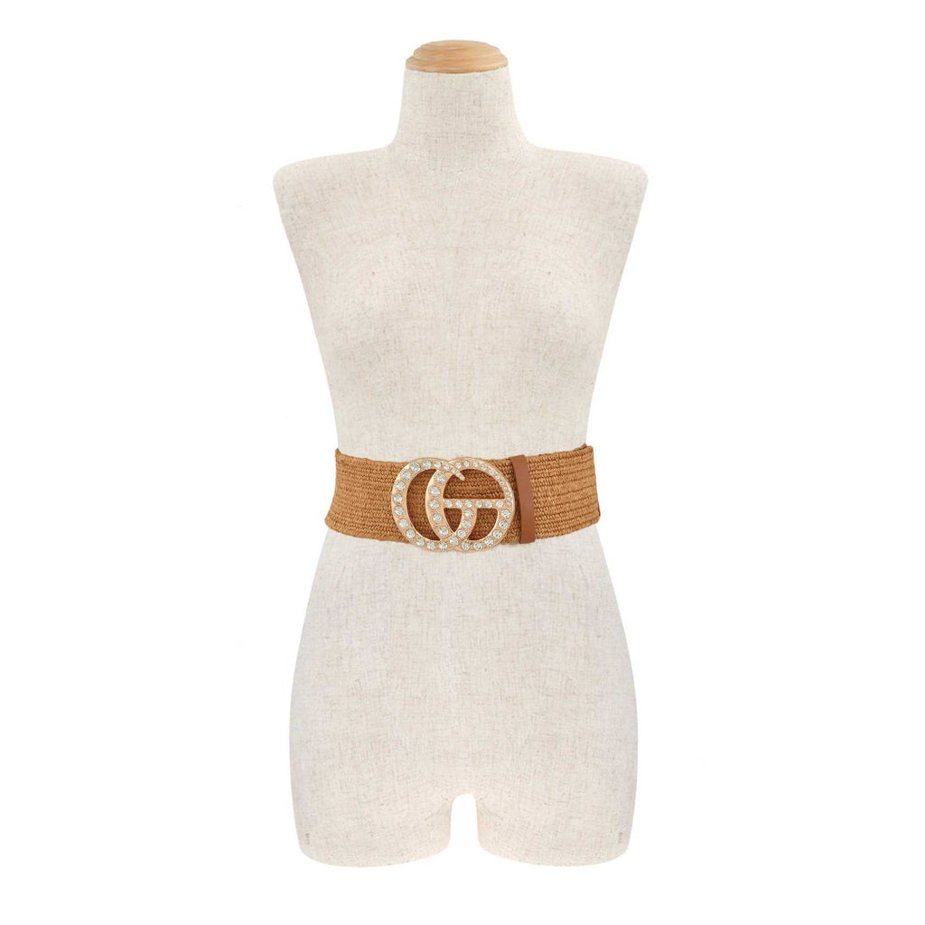 Rhinestone GO Charm Elastic Belt: TAN